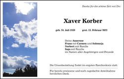 Traueranzeige Xaver Korber
