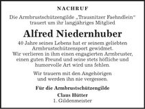 Traueranzeige Alfred Niedernhuber