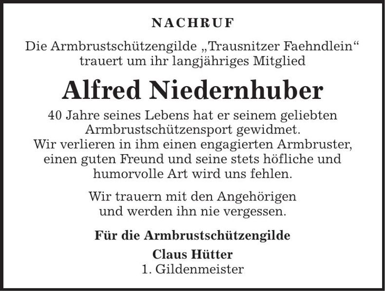 Traueranzeige Alfred Niedernhuber