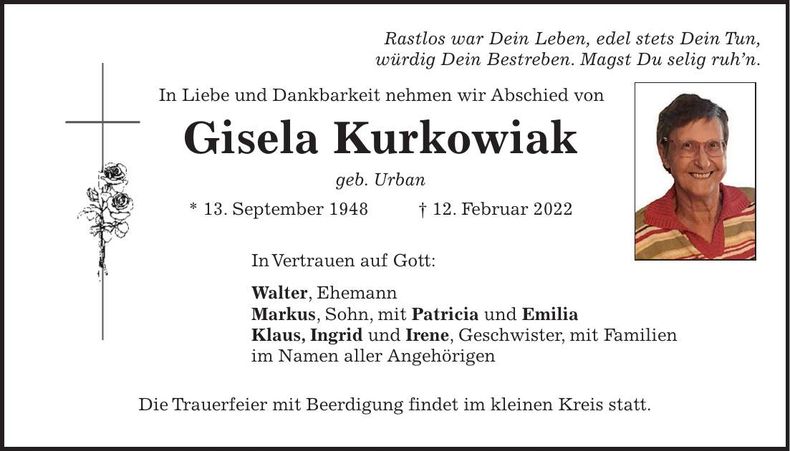 Traueranzeige Gisela Kurkowiak