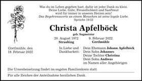 Traueranzeige Christa Apfelböck