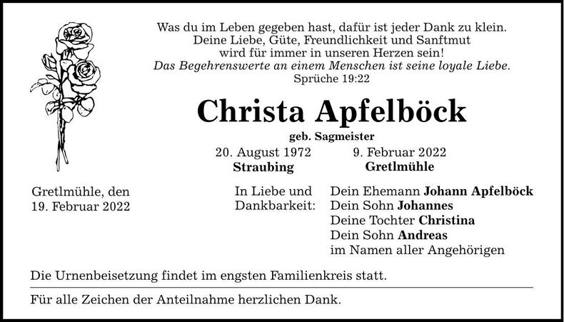 Traueranzeige Christa Apfelböck