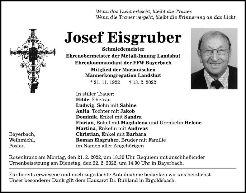 Traueranzeige Josef Eisgruber