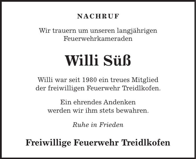 Traueranzeige Willi Süß