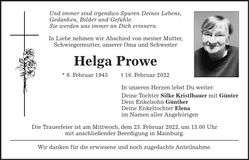 Traueranzeige Helga Prowe