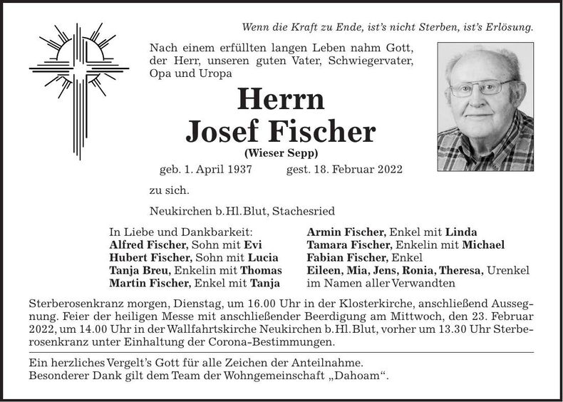 Traueranzeige Josef Fischer