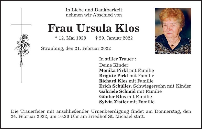 Traueranzeige Ursula Klos