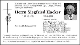 Traueranzeige Siegfried Hacker