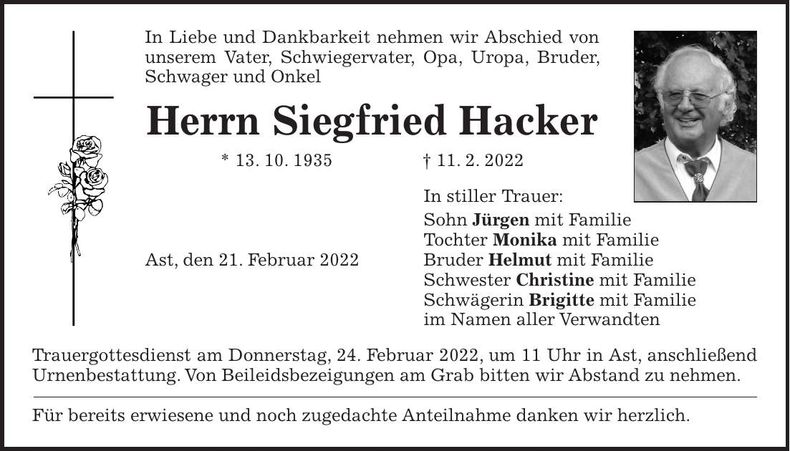 Traueranzeige Siegfried Hacker