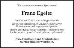 Traueranzeige Franz Egeler