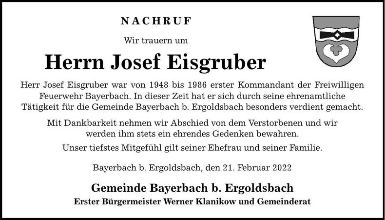 Traueranzeige Josef Eisgruber