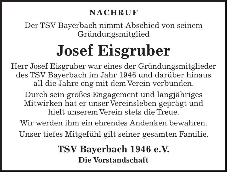 Traueranzeige Josef Eisgruber