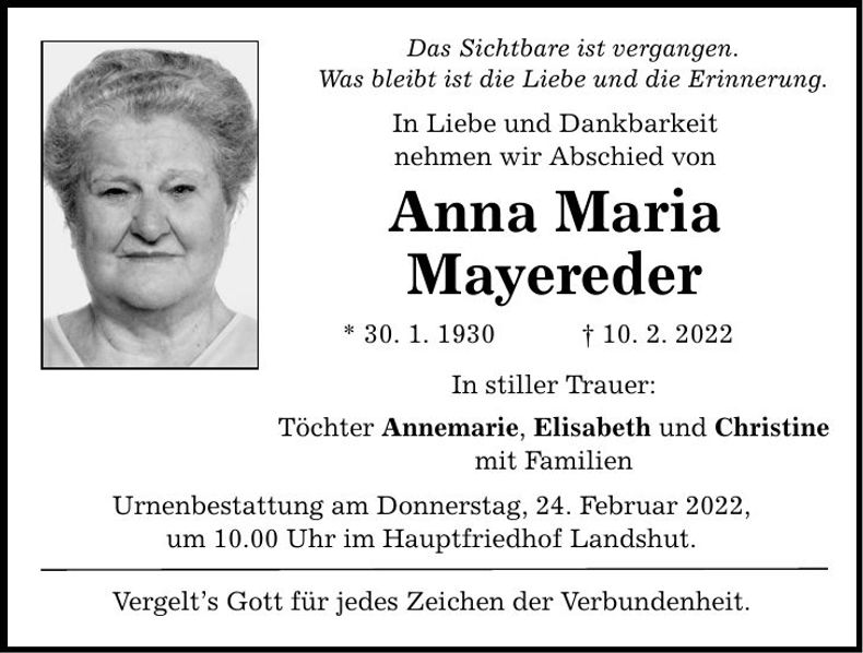Traueranzeige Anna Maria Mayereder