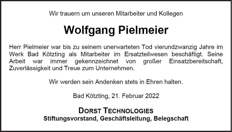 Traueranzeige Wolfgang Pielmeier