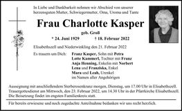 Traueranzeige Charlotte Kasper