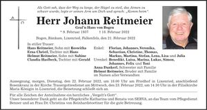 Traueranzeige Johann Reitmeier