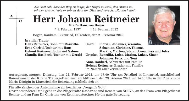 Traueranzeige Johann Reitmeier