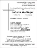 Traueranzeige Johann Wallinger