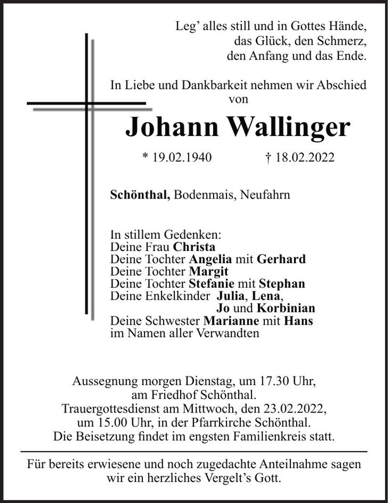 Traueranzeige Johann Wallinger