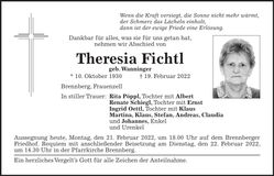Traueranzeige Theresia Fichtl