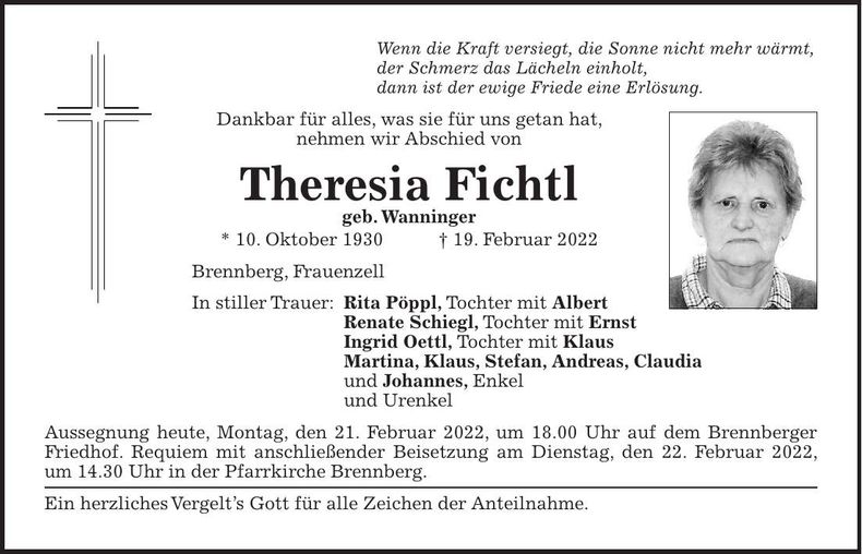 Traueranzeige Theresia Fichtl
