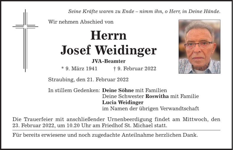 Traueranzeige Josef Weidinger
