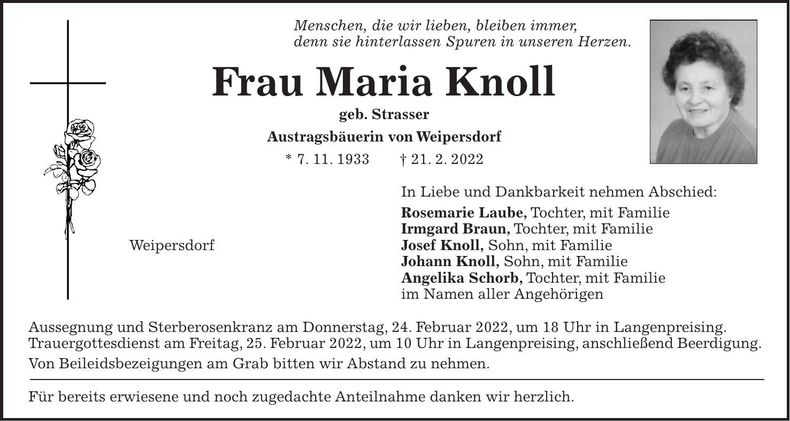Traueranzeige Maria Knoll
