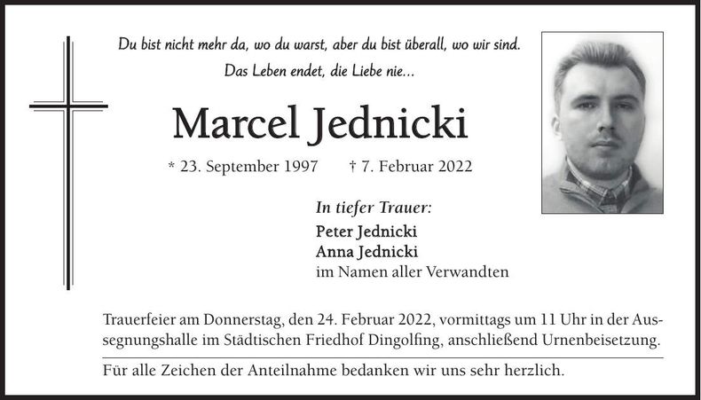 Traueranzeige Marcel Jednicki