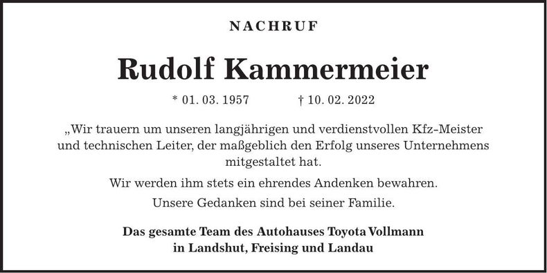 Traueranzeige Rudolph Kammermeier