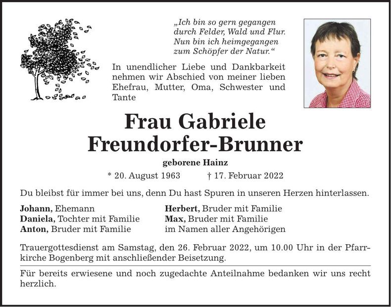 Traueranzeige Gabriele Freundorfer-Brunner