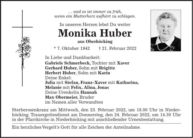 Traueranzeige Monika Huber