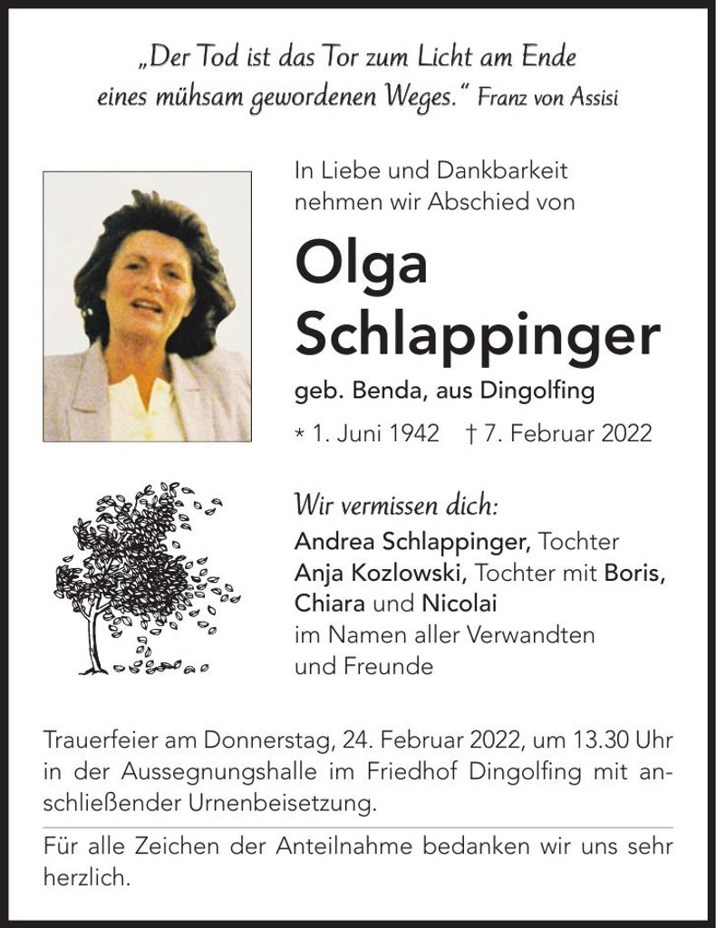 Traueranzeige Olga Schlappinger