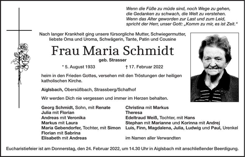Traueranzeige Maria Schmidt