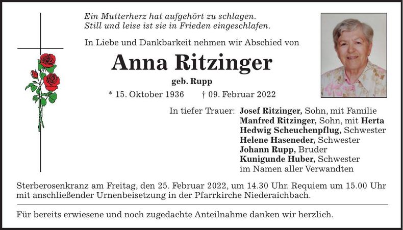 Traueranzeige Anna Ritzinger