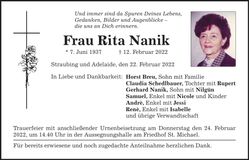 Traueranzeige Rita Nanik