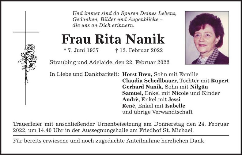 Traueranzeige Rita Nanik