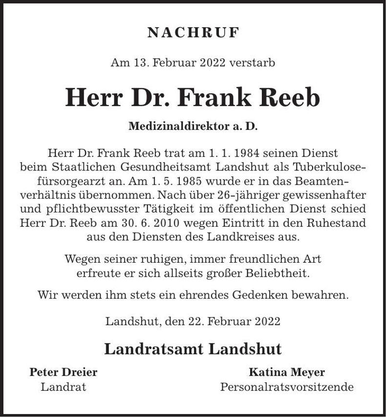 Traueranzeige Frank Reeb