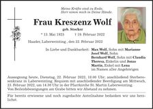 Traueranzeige Kreszenz Wolf