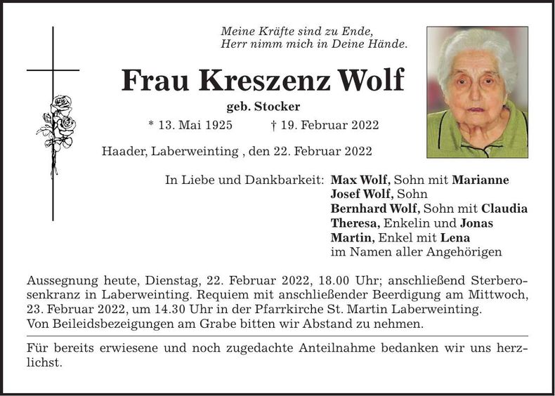 Traueranzeige Kreszenz Wolf