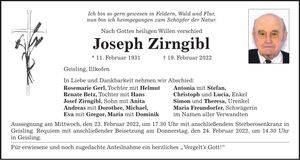 Traueranzeige Joseph Zirngibl