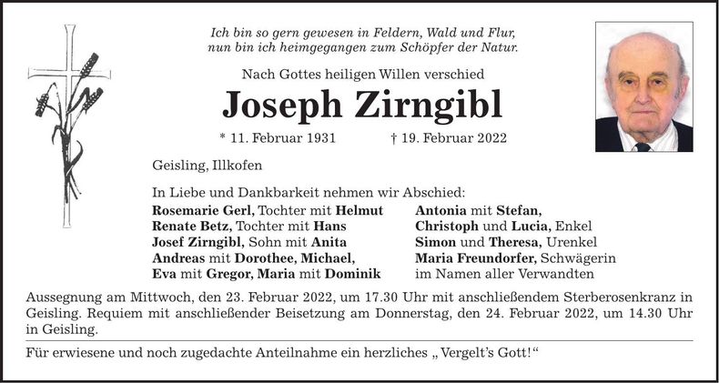 Traueranzeige Joseph Zirngibl