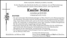 Traueranzeige Emilie Stütz