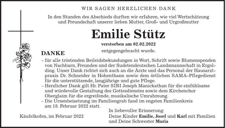 Traueranzeige Emilie Stütz