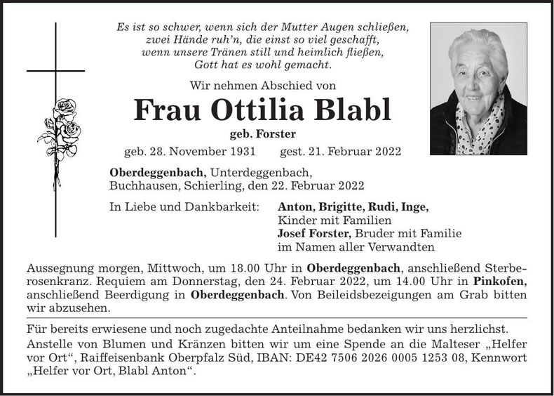 Traueranzeige Ottilia Blabl