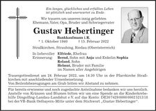 Traueranzeige Gustav Hebertinger