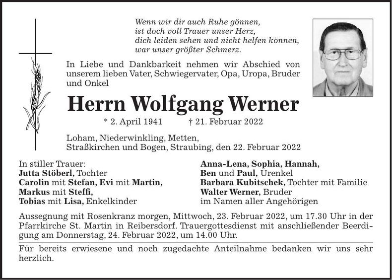 Traueranzeige Wolfgang Werner