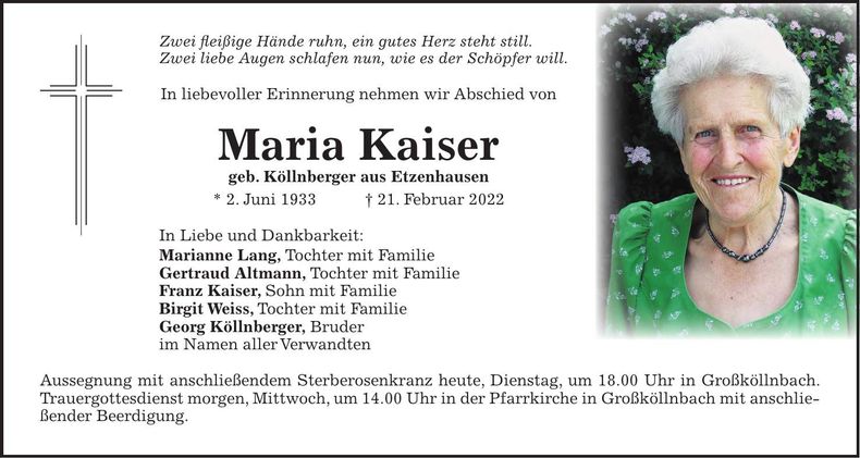 Traueranzeige Maria Kaiser