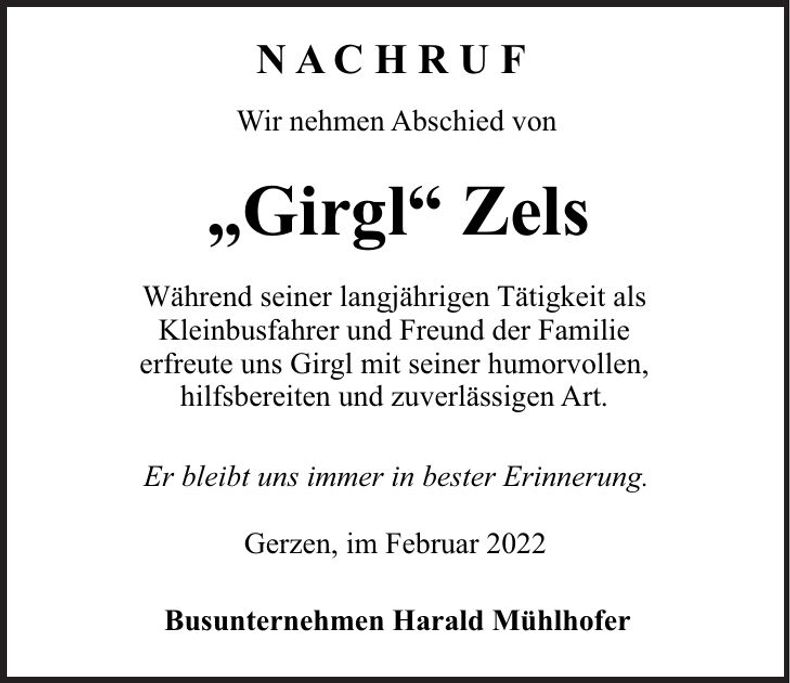 Traueranzeige Georg Zels