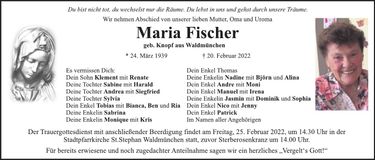 Traueranzeige Maria Fischer