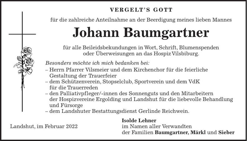 Traueranzeige Johann Baumgartner